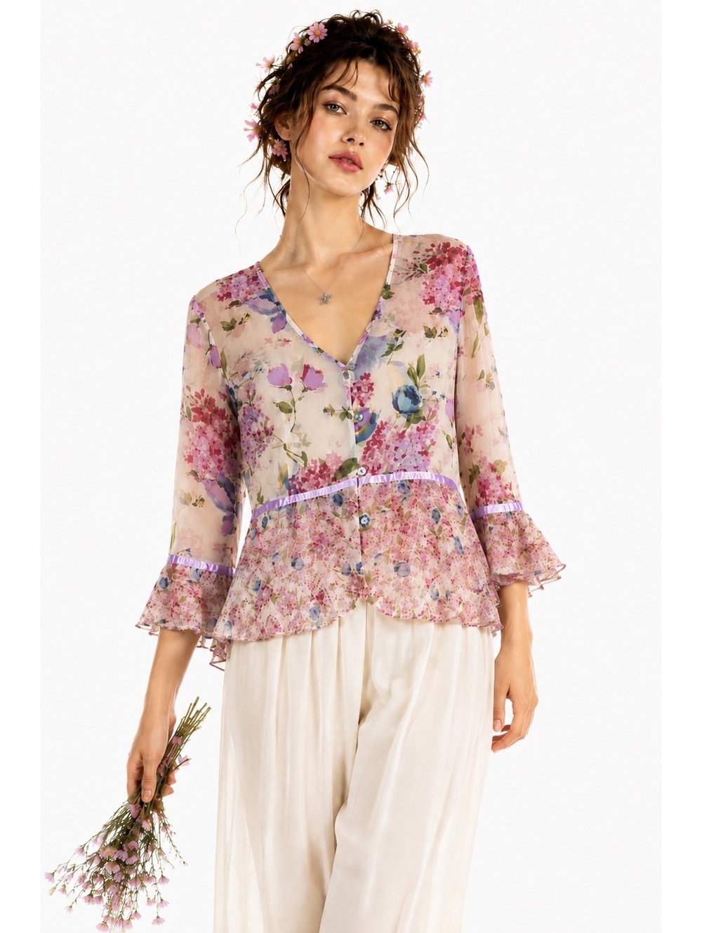K Studio Y2K Sheer Floral Ruffle Bell Sleeve Fairycore Blouse 12
